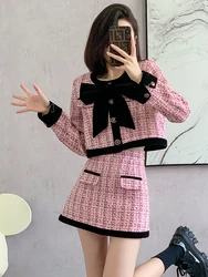 Luxury Fall Winter Pink Tweed Jacket Two Piece Set Fashion Women Bow Golden Button Short Coat + High Waist Mini Slim Skirt Suits