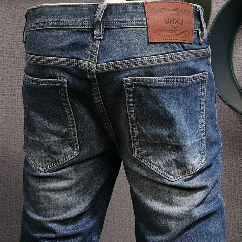 European Vintage Fashion Men Jeans Retro Dark Blue Elastic Slim Fit Ripped Jeans Men Trousers Casual Designer Denim Pants Hombre