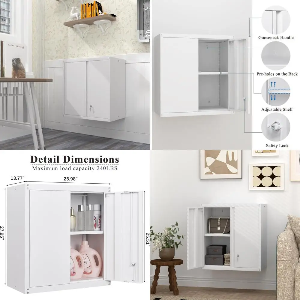

Белый стальной настенный шкаф для кухни с регулируемыми полками и запирающимися дверцами для хранения вещей в доме и гараже