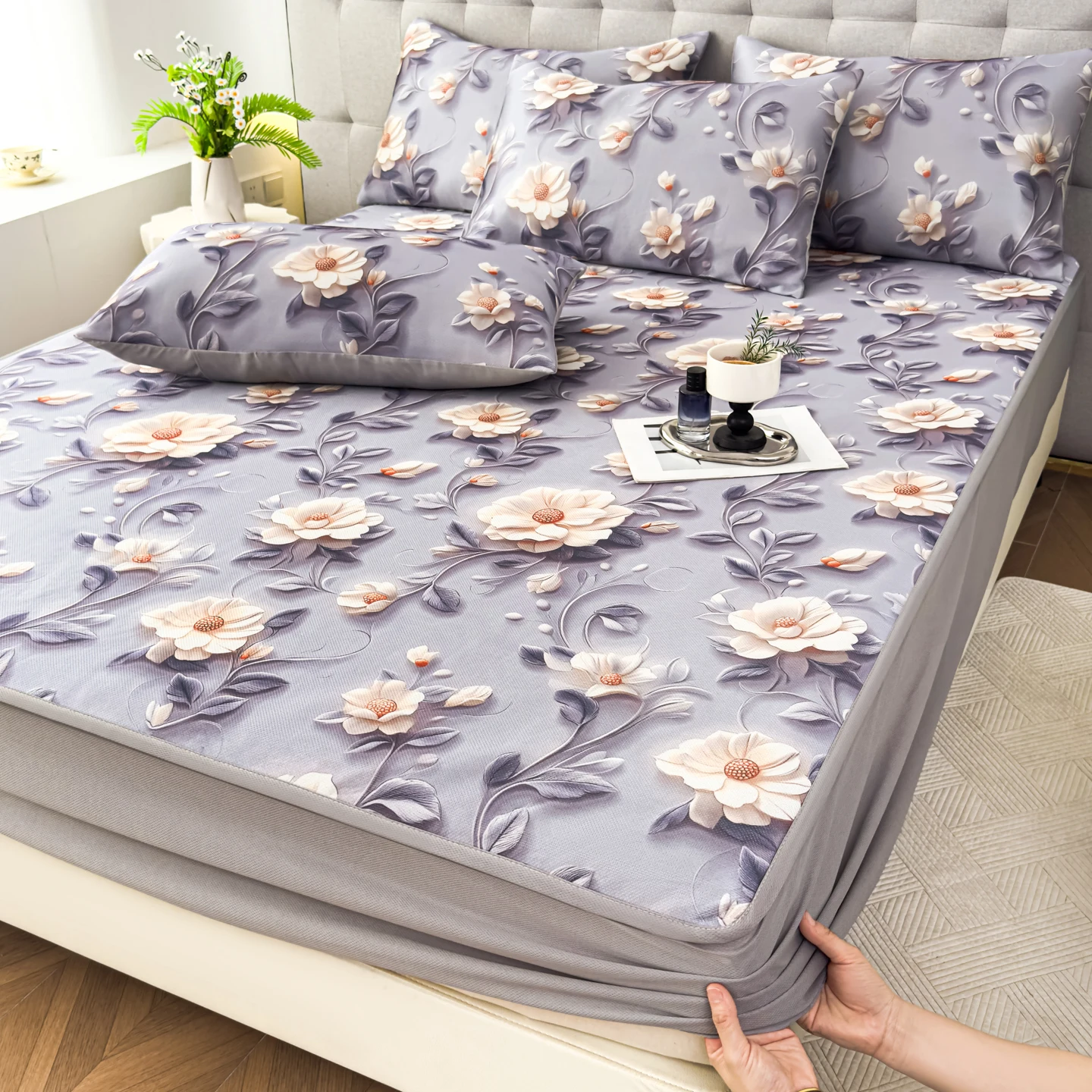 3pcs Ice Cooling Mattress Cover Flower Printed Bedspread Bed Mat cubre colchón Single/Queen/King Size Bed Linen 매트리스 커버