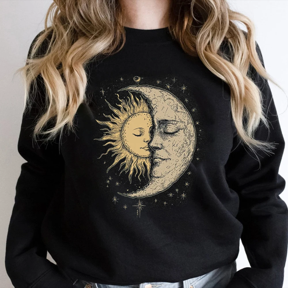 เสื้อสเวตเชิ้ตยูนิเซ็กซ์ลายพระอาทิตย์และพระจันทร์สไตล์วินเทจโบฮีเมียน แขนยาว ผ้าฟลีซ สวมใส่สบายๆ ทุกวัน สไตล์ Y2K เสื้อสตรีทแวร์