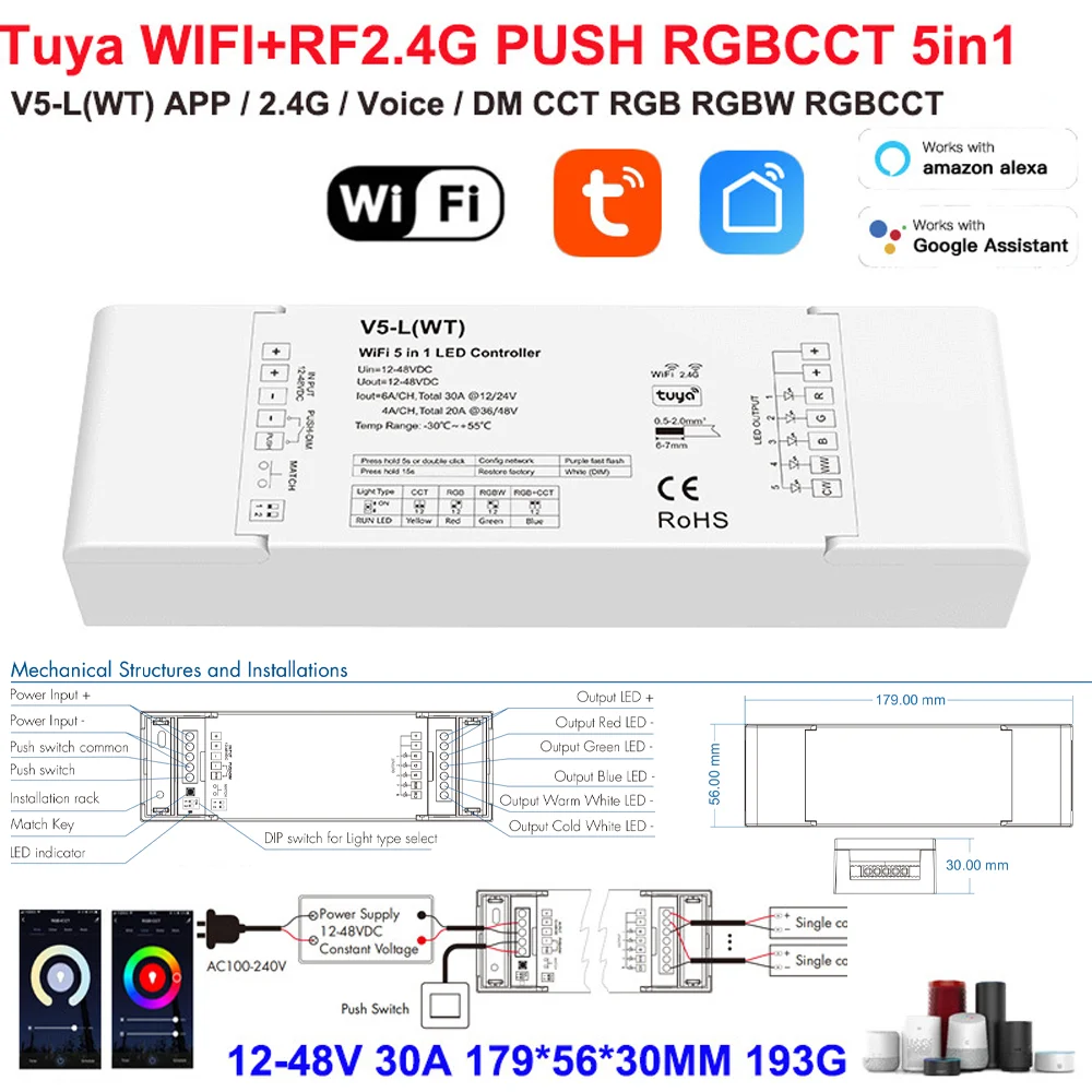 Tuya Wifi V5-L(WT) 5 in 1 CCT RGB RGBW RGBCCT LED Strip Controller DC12V-48V LED Dimmer Tuya APP Control Work with Alexa Google
