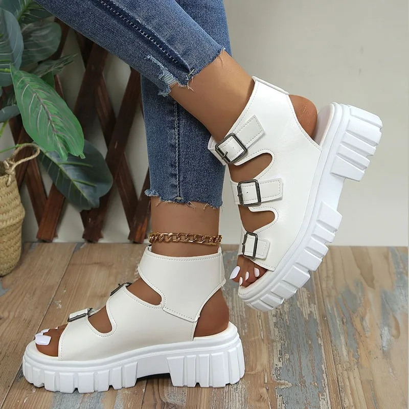 Women Punk Platform Wedge Sandals 2024 Summer PU Leather Thick Sole Sandals Woman Buckle Strap Non Slip Roman Shoes Plus Size 43