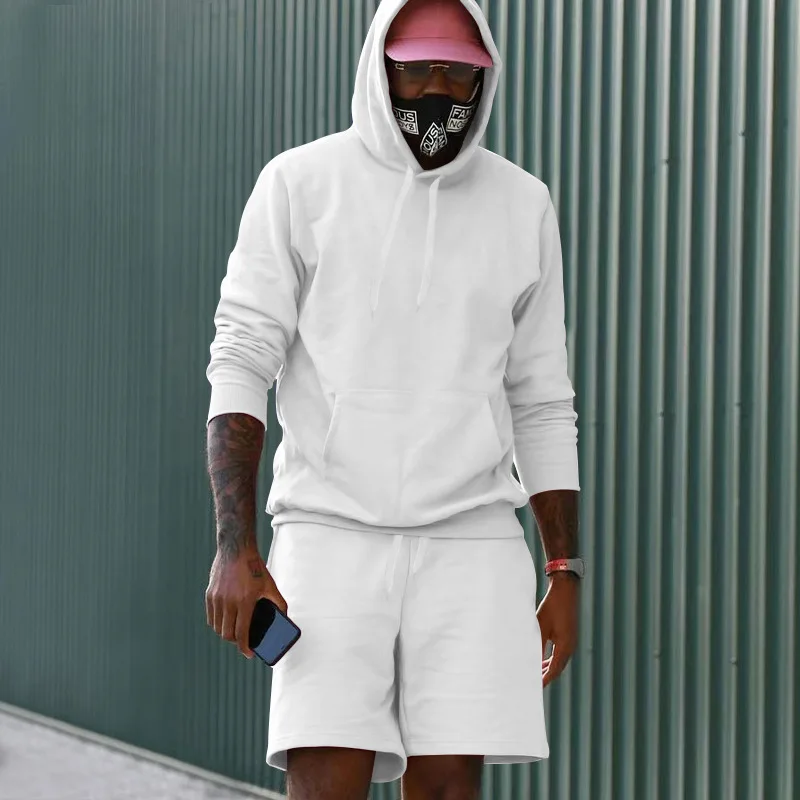 

Mens Fleece Hooded Sweatshirt Shorts Set Casual Loose Solid Color Sportswear 2 Piece Outfit Gym Lounge Wear