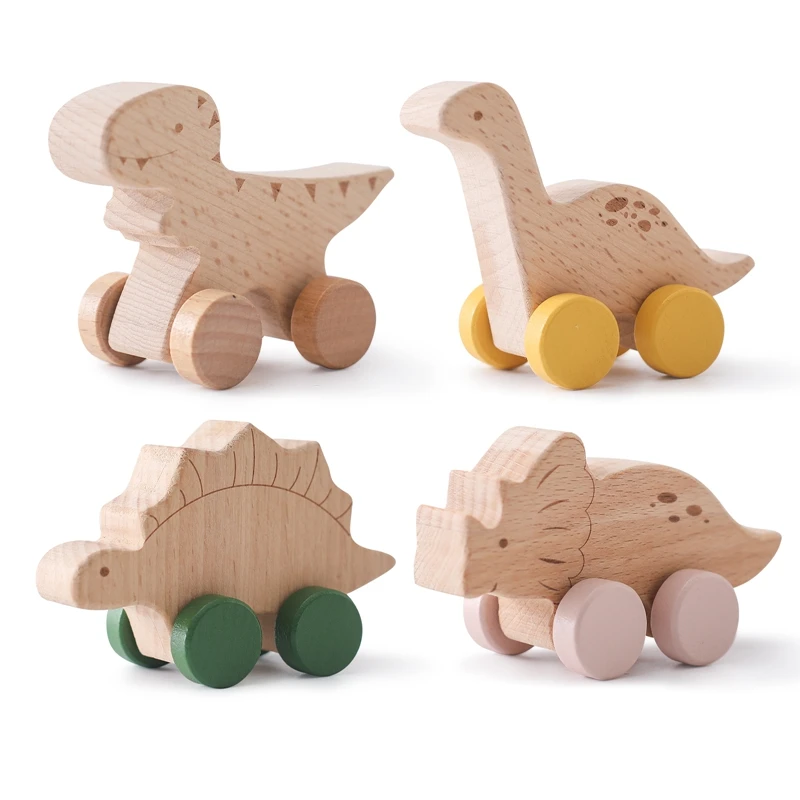 1PCS Wooden Toy For Babies Beech Cartoon Dinosaur Car Montessori Educational Toy Push Wooden Dinosaur Carts Room Decoration Gift