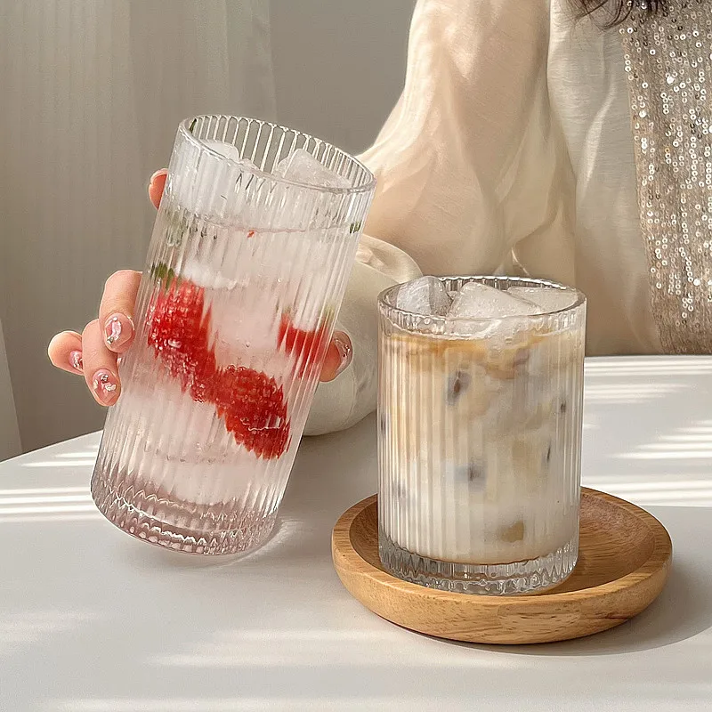 Taza de cristal a rayas simples, taza de café Americano, taza de jugo, bebida fría, taza de leche para desayuno, adecuada para cafetería, fiesta de hotel
