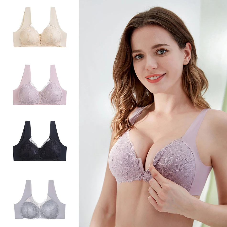 Women Breathable Comfortable Anti Sagging Traceless Without Steel Ring Front Open Button Bra Women Solid Color Lace Fabric Bra