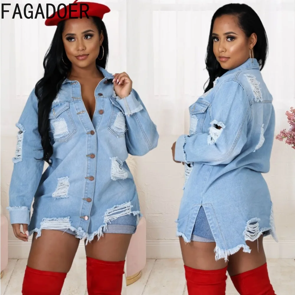 

FAGADOER Fashion Denim Hole Button Loose Dresses Women Turndown Collar Long Sleeve Slit Tassels Mini Dress Female Cowboy Clothes