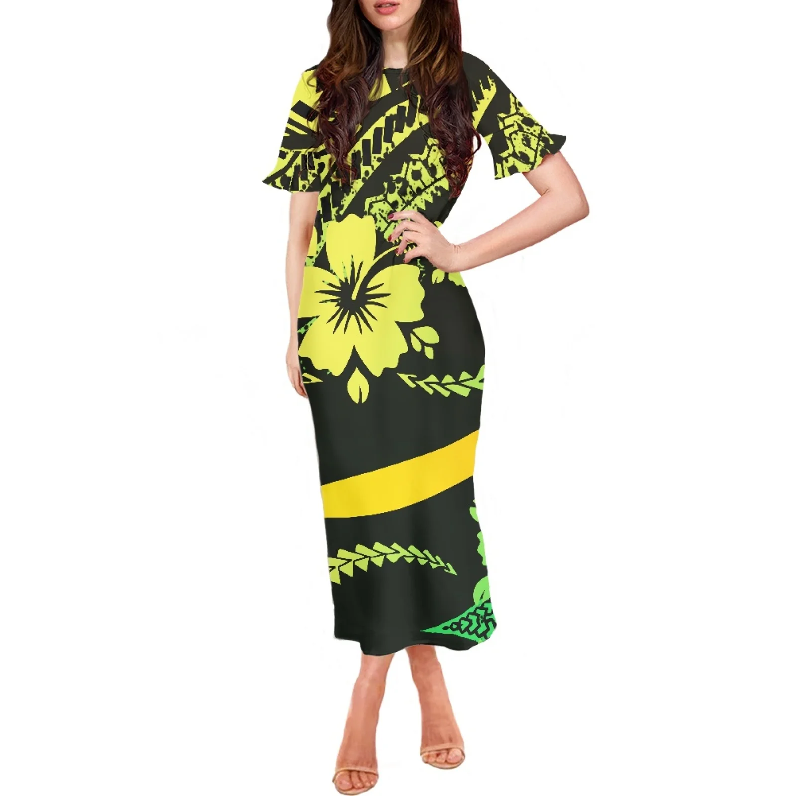 

2023 Summer Polynesia Tribal Hibiscus Print Clothing Chic And Elegant Woman Dress Short Ruffle Sleeve O-Neck Sexy Long Dress