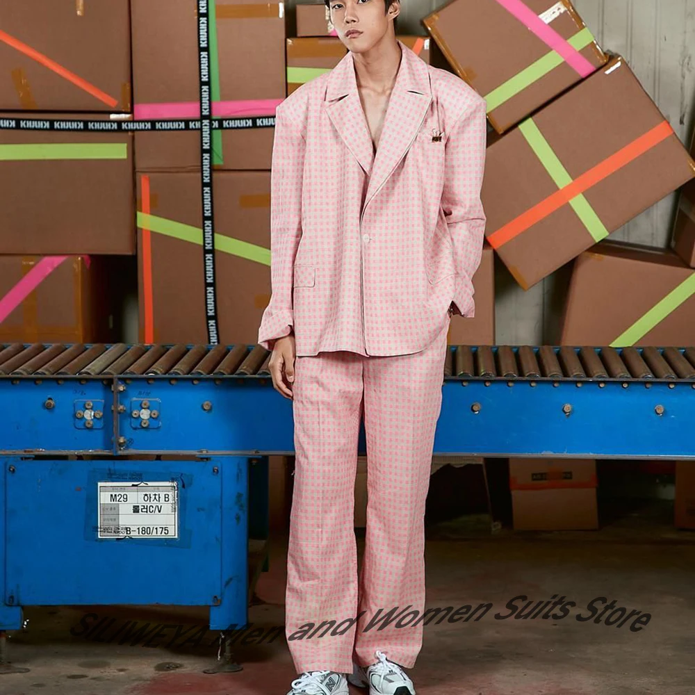 

Oversized Casual Pink Checkered Men's Suits Blazer & Pants Set Loose-Fit Single Breasted Two-Piece Fashion Smart Streetwear