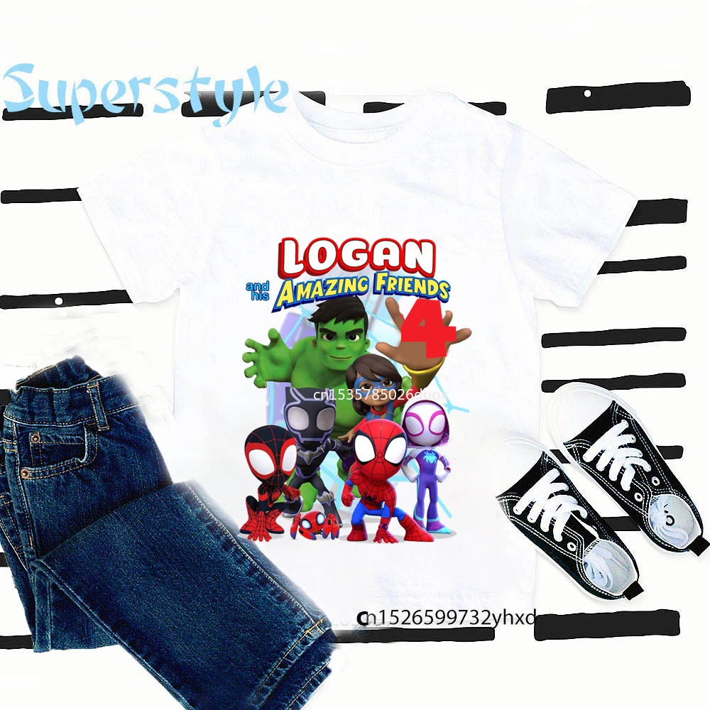 Summer 2 3 4 5 6 7 8 9 Superheroe and His Friends Birthday White Kid Shirt Spider-Man Customized Name Birthday Party Boy T-shirt