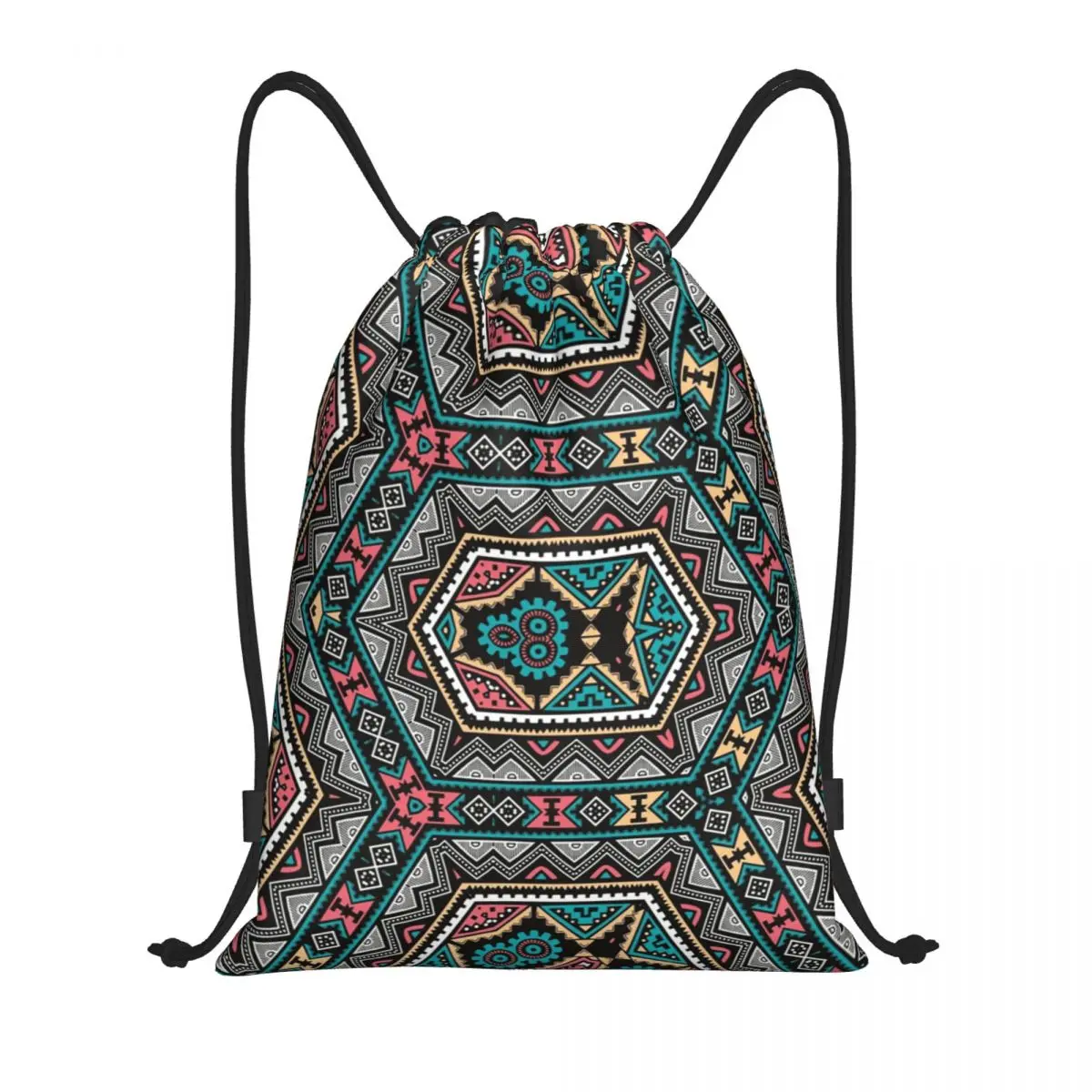Colorful South African Hexagon Tribal Pattern Drawstring Backpack Bags Lightweight Bohemia Style Gym Sports Sackpack Sacks