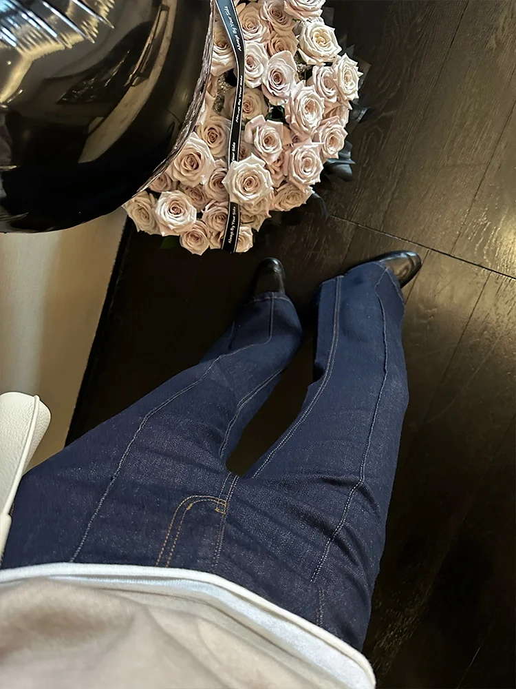 

Утягивающие хлопковые эластичные джинсы с высокой талией, расклешенные джинсы, женские повседневные прямые брюки с 3D Sed Design, глубокий цвет