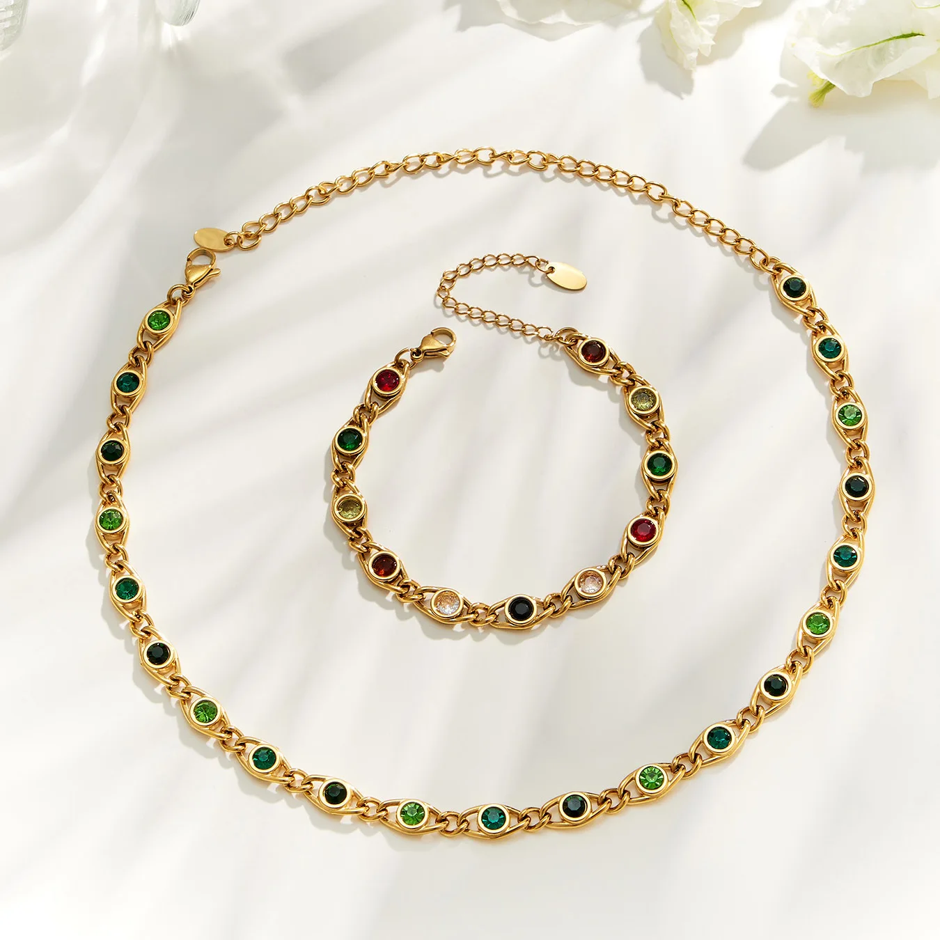 Boho Bunte Zirkon Halskette Armband 18k Vergoldetes Edelstahl Schmuckset für Damen Zierliches Party-Schmuckset – Detail 11