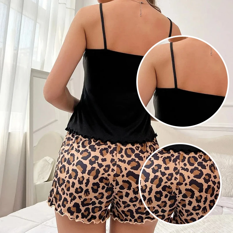 Women\'s Print Sexy Pajama Set Suspender Backless Short Sleeved and Elastic Waist Printed Leopard Print Shorts Pajama Set