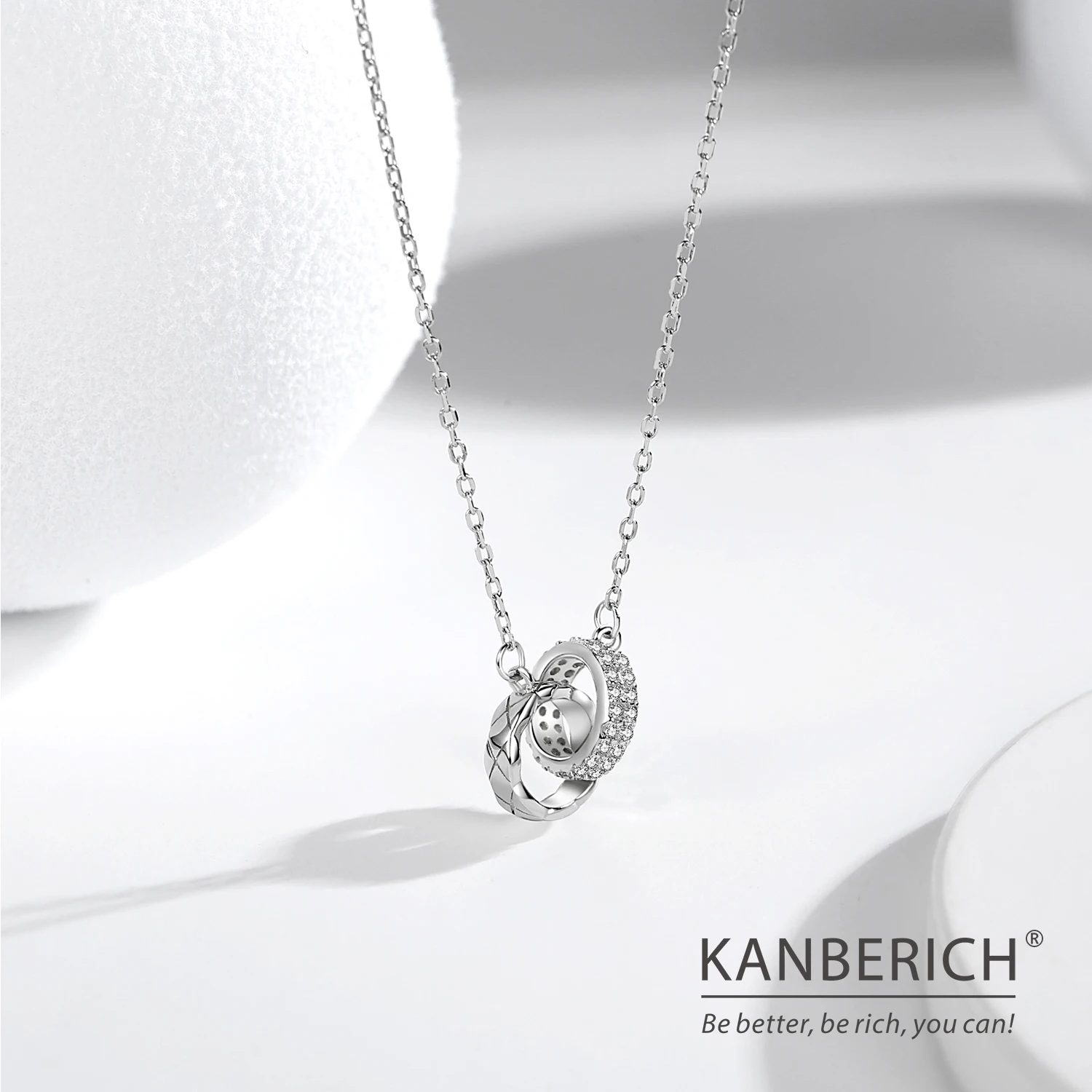 Kanberich S925 Real Sterling Silver Cubic Zirconia Interlocking Rings Pendant Clavicle Chain Necklace