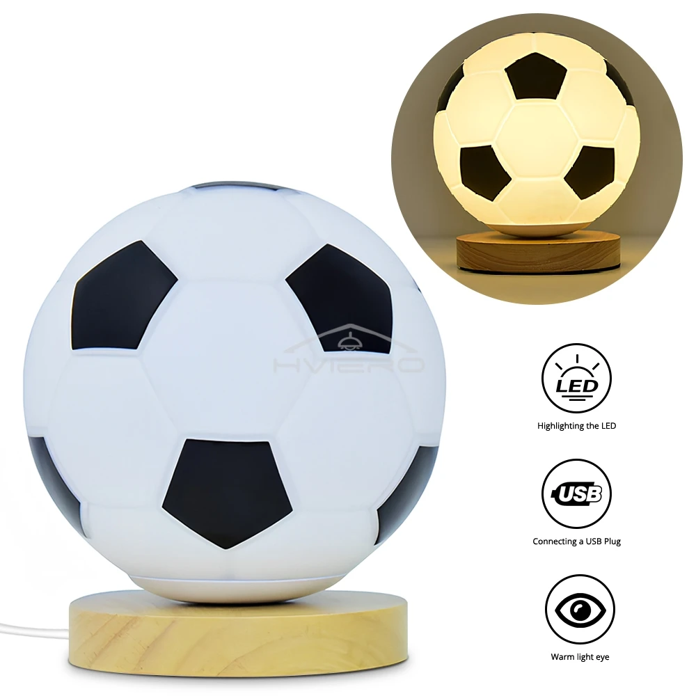 Usb candeeiro de mesa madeira vidro quarto decoração estudo lâmpadas luz base madeira tema futebol borracha macia decoração escritório em casa presentes