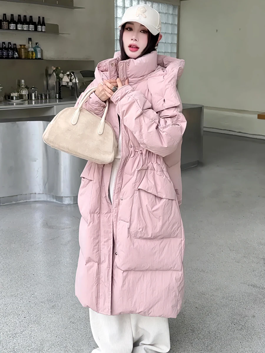 Thiened 겨울 화이트 다운 푸퍼 재킷 여성용 롱 코트 후드 브레드 스타일 패셔너블 출퇴근용 겨울 2024
