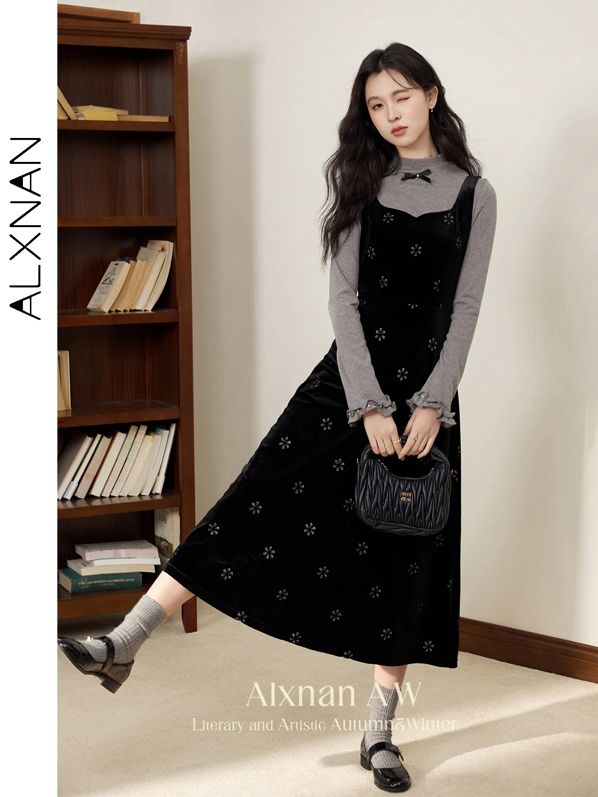 

ALXNAN French Temperament Dresses for Women Delicacy Embroidery Printing 2024 Fall Female Basics Commuter Tank Dress QYM002269