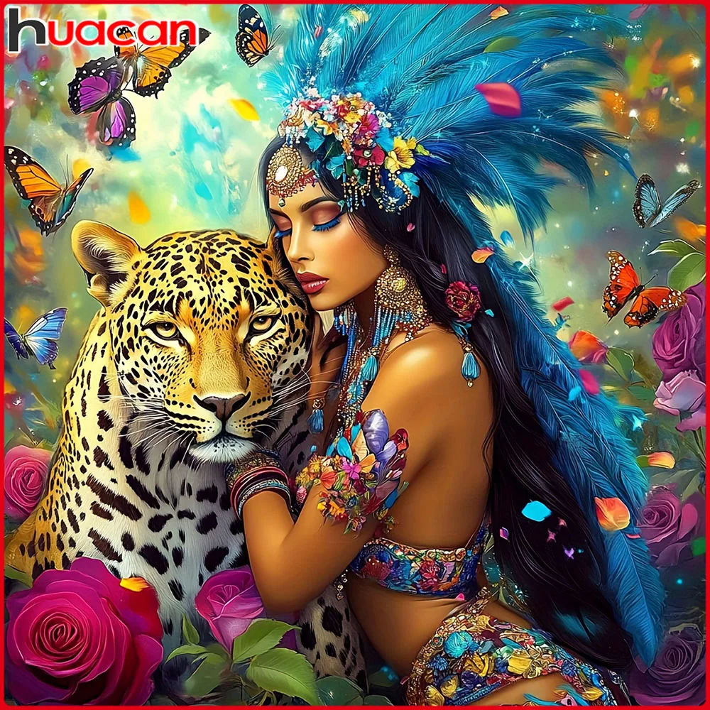 Huacan Vollquadrat-Rundbohrer Diamantmalerei Leoparden-Frau Diamant-Mosaik Tier-Porträt Kunst Dekorative Gemälde