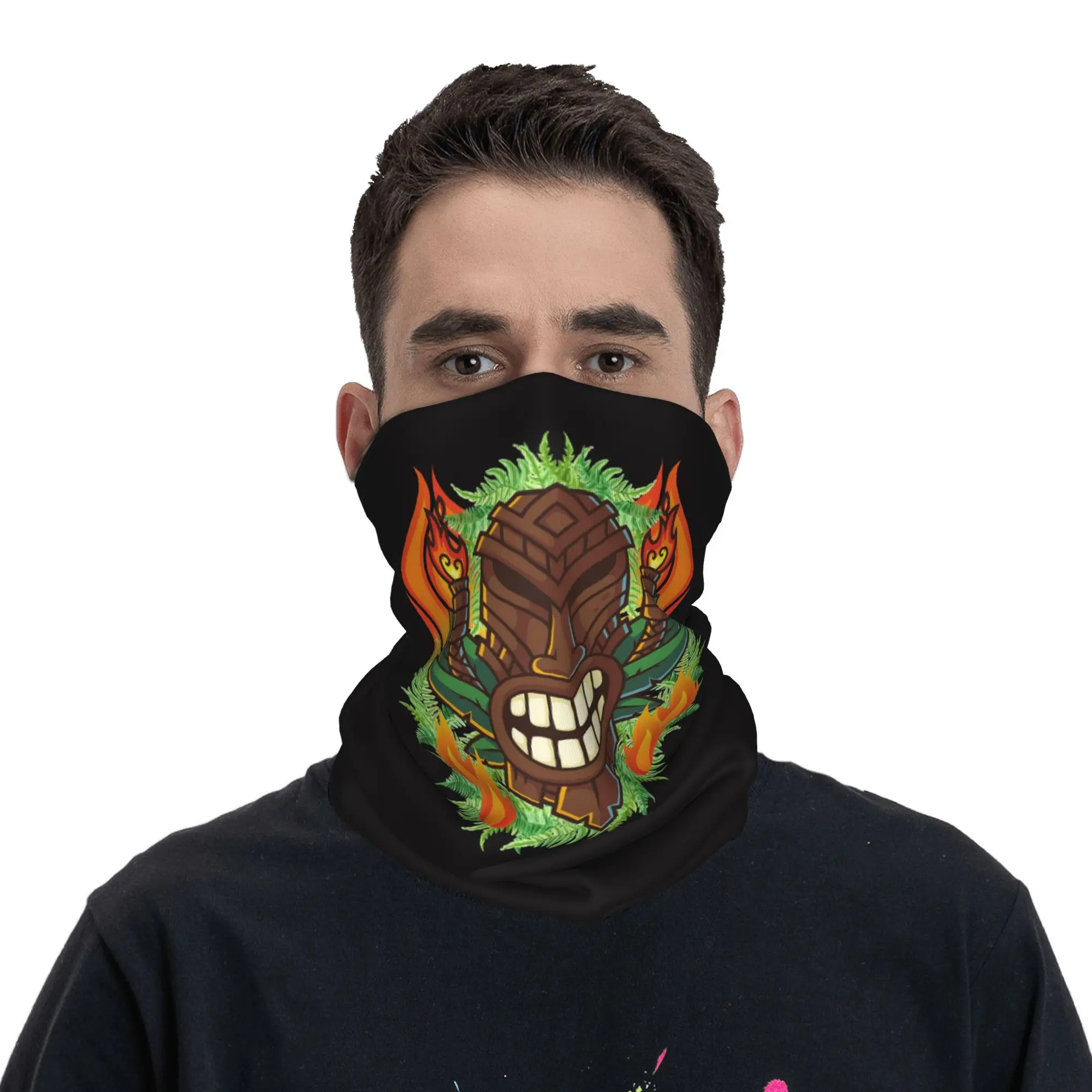 Tiki Head with Torch Flames Bandana Neck Gaiter Printed Wrap Scarf Multi-use Headwear Running For Men Women Adult