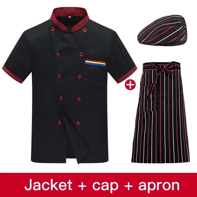 Uniforme de Chef de cocina Unisex, conjunto de chaqueta de Chef, gorro y delantal de servicio de panadería, Tops de doble botonadura transpirables, delantal de Chef