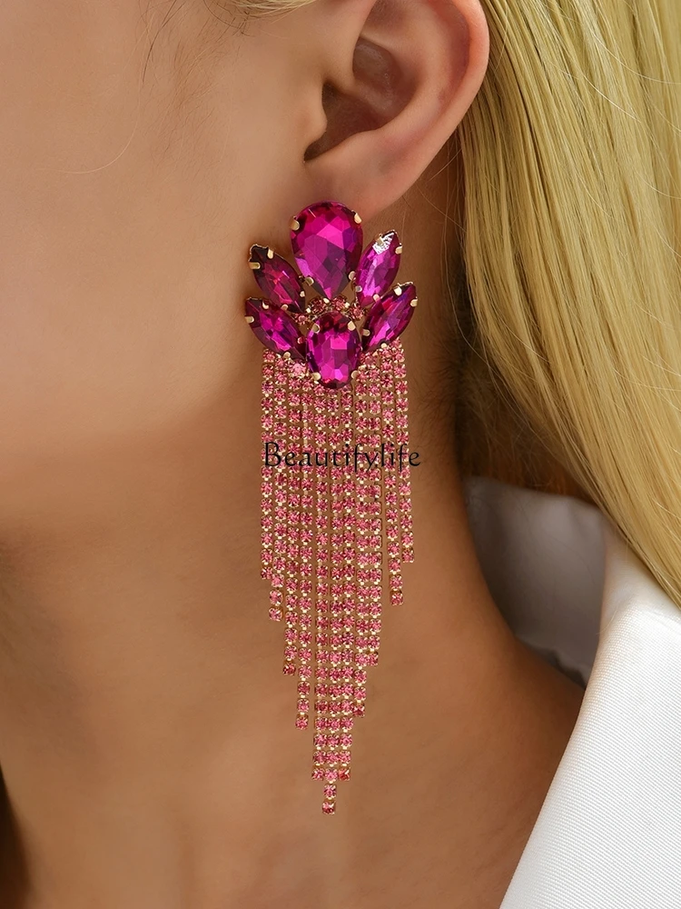 

Shiny Rhinestone Tassel Chain Earrings for Women Luxurious Long European and American Popular Pendant Fashion Earrings