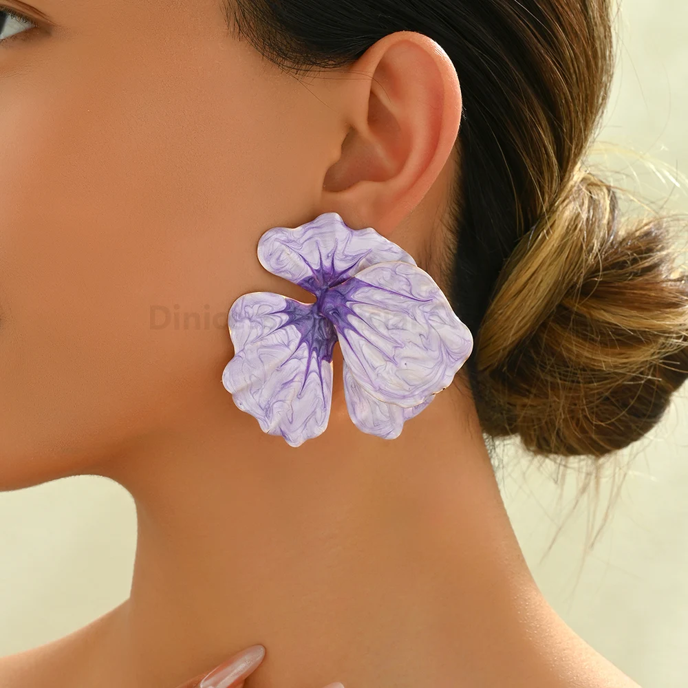 Luxury Exaggerated Enamel Metal Flower Petals Big Stud Earrings For Women Trendy Design Elegant Charming Wedding Party Jewelry