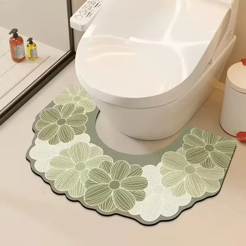 VIKAMA Wave Lace Flower U-Shaped Floor Mat, Vintage Floral Print Water-Absorbent Rug, Non-Slip Bathroom Toilet Mat, Decor