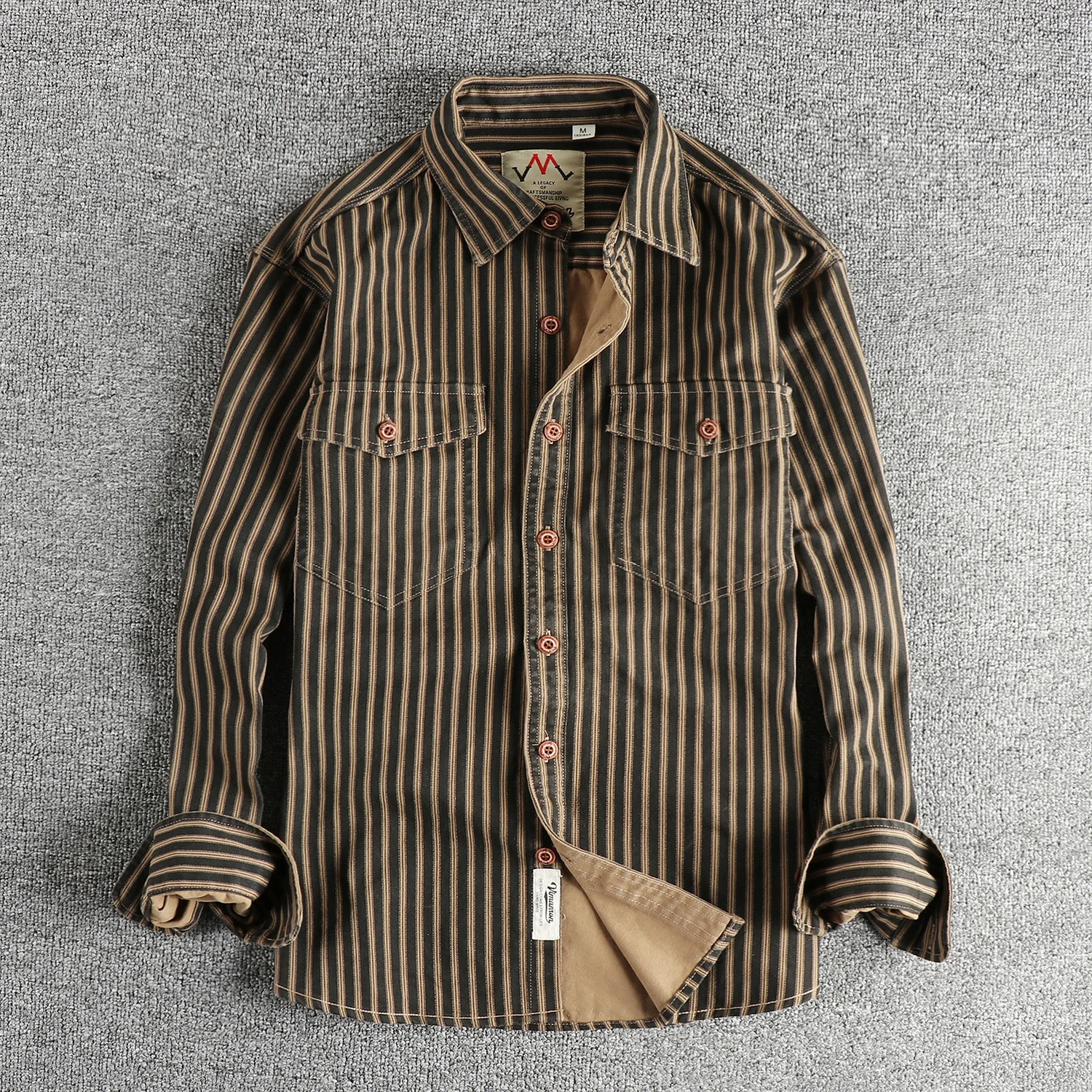 Retro trend striped men's long-sleeved shirt woven cotton wash comfortable casual cargo coat