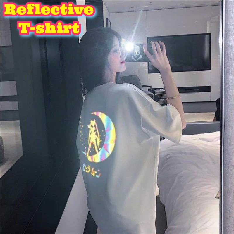 

Women Sailor Moon Reflective Print T Shirt Short Sleeve Loose Fit Tee Summer Fashion Casual Top Korean Style Youth Streetwear