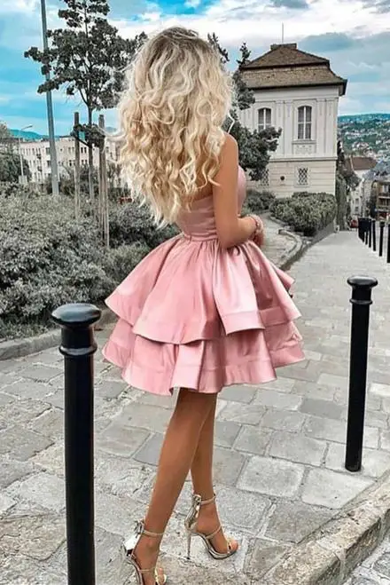 Pink Prom Dresses Short Mini One Shoulder 2022 Two Layers Homecoming Dress A Line Simple Tiered Evening Party Gown Empired Waist