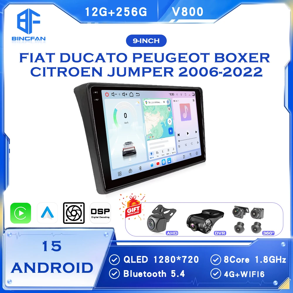 

BINGFAN 9" Android Auto Car Radio 2 Din for Fiat Ducato Peugeot Boxer Citroen Jumper 2 2006-2022 Multimedia Player GPS WIFI