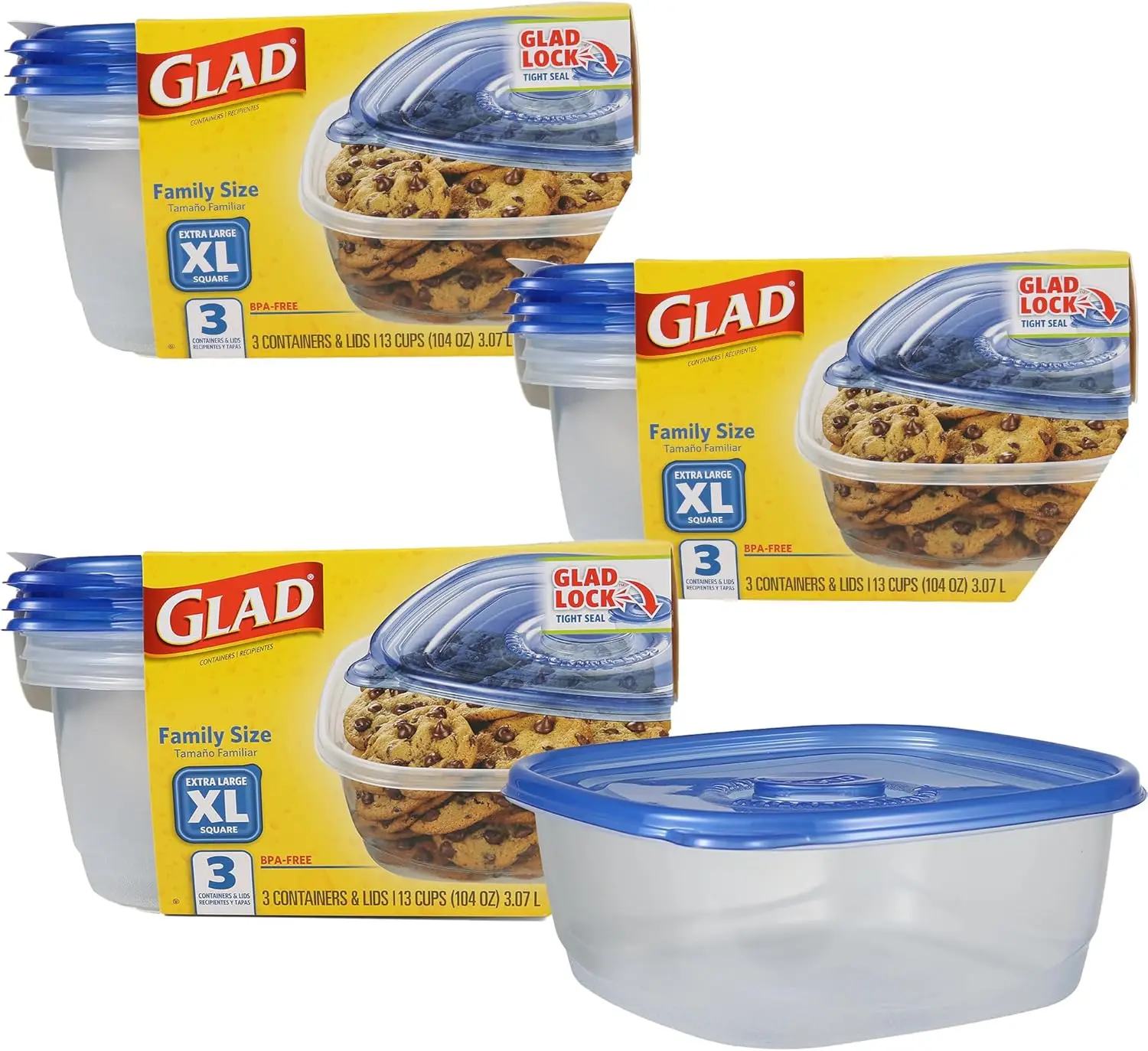 

Large Square Food Storage Containers, 3-Pack with Airtight Seal, Holds up to 104 Ounces, Dishwasher and Microwave Safe