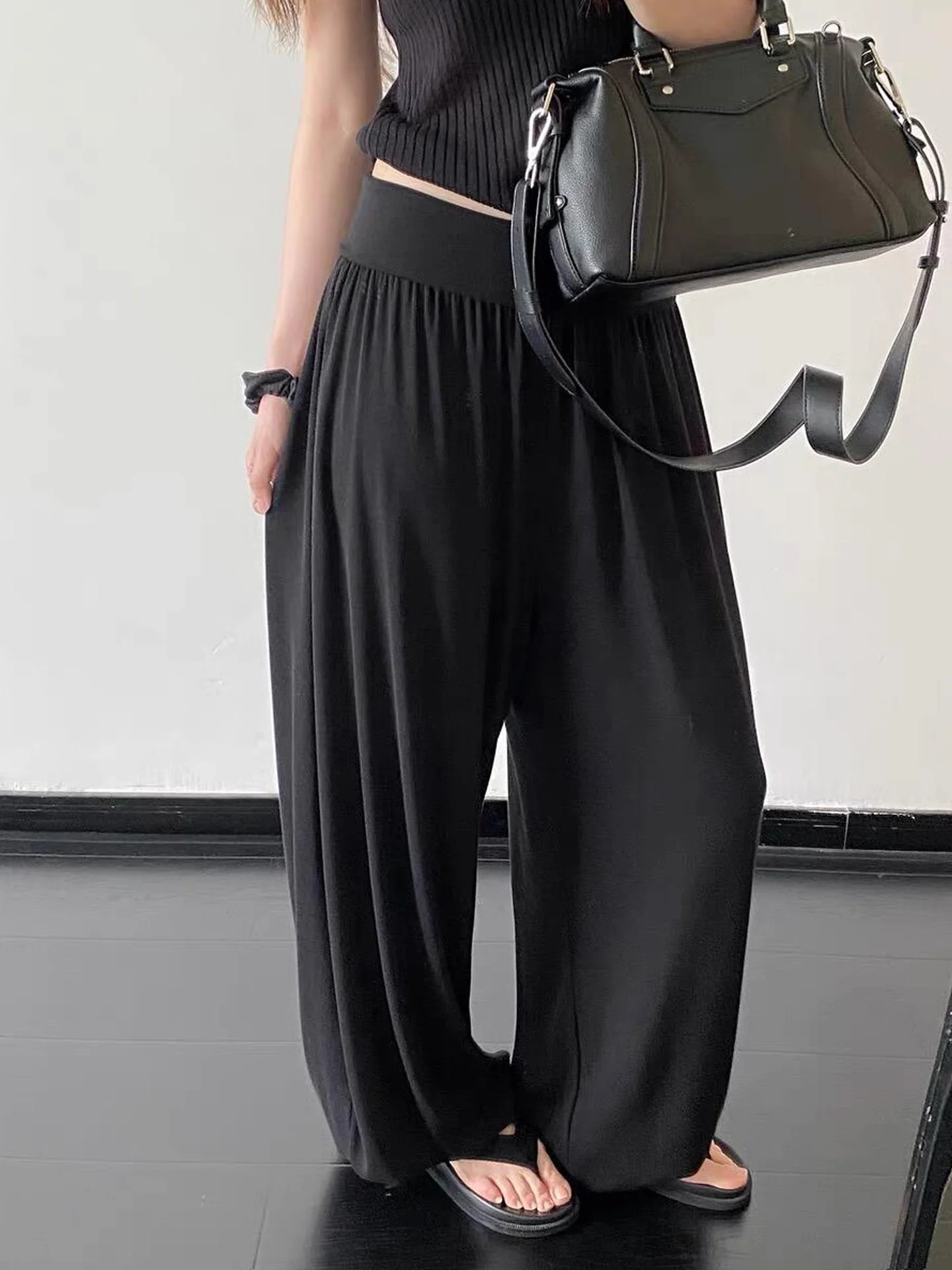 Black Casual Wide Leg Pants Women's Summer New Design Loose Comfortable Loose Waist Lantern Nine Points Casual Trousers