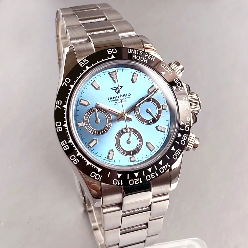 Tandorio 39mm Sapphire Glass Ice Blue Dial 10BAR Japan VK63 Quartz Movement Men Multi-functional Chronograph Watch Oyster Band