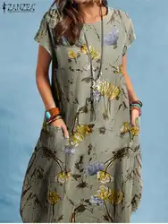 ZANZEA Women Summer Holiday Floral Printed Dress Bohemian Short Sleeve Vintage Midi Vestidos Fashion Beach Sundress Robe Femme
