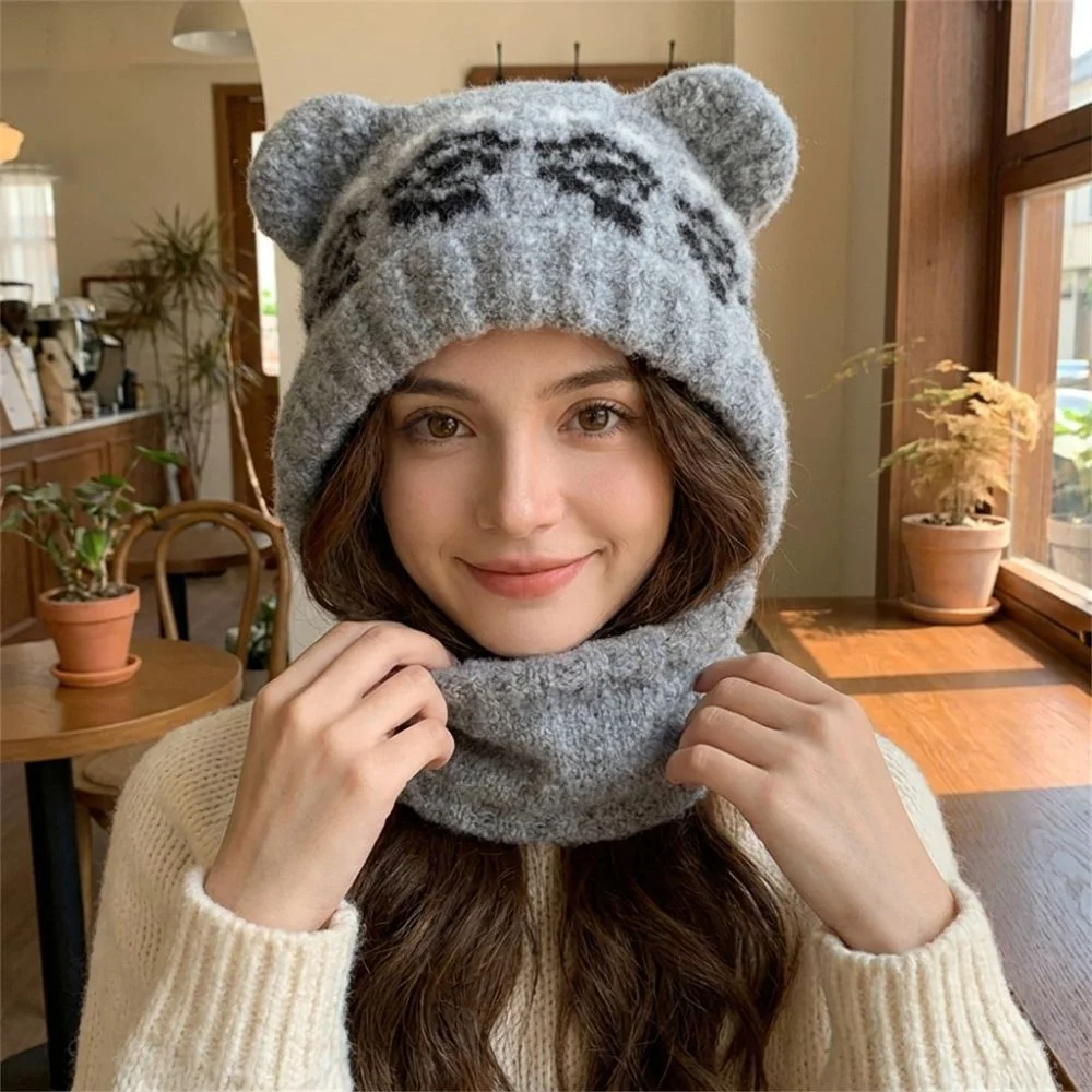 Cute Warm Bear Ears Knit Hat Slouchy Fleece Lined Ear Protection Hat Cold-proof Thick Beanie Cap Cold Weather