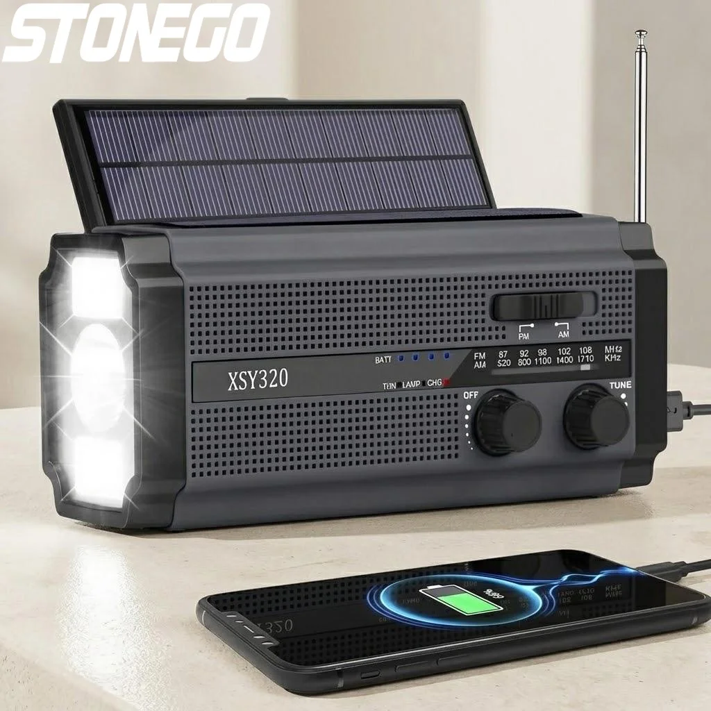 

Портативное солнечное радио AM/FM с ручным динамо-генератором, 5000 мАч, LED-фонарь, лампа для чтения, SOS-сигнал, для кемпинга, походов и активного отдыха