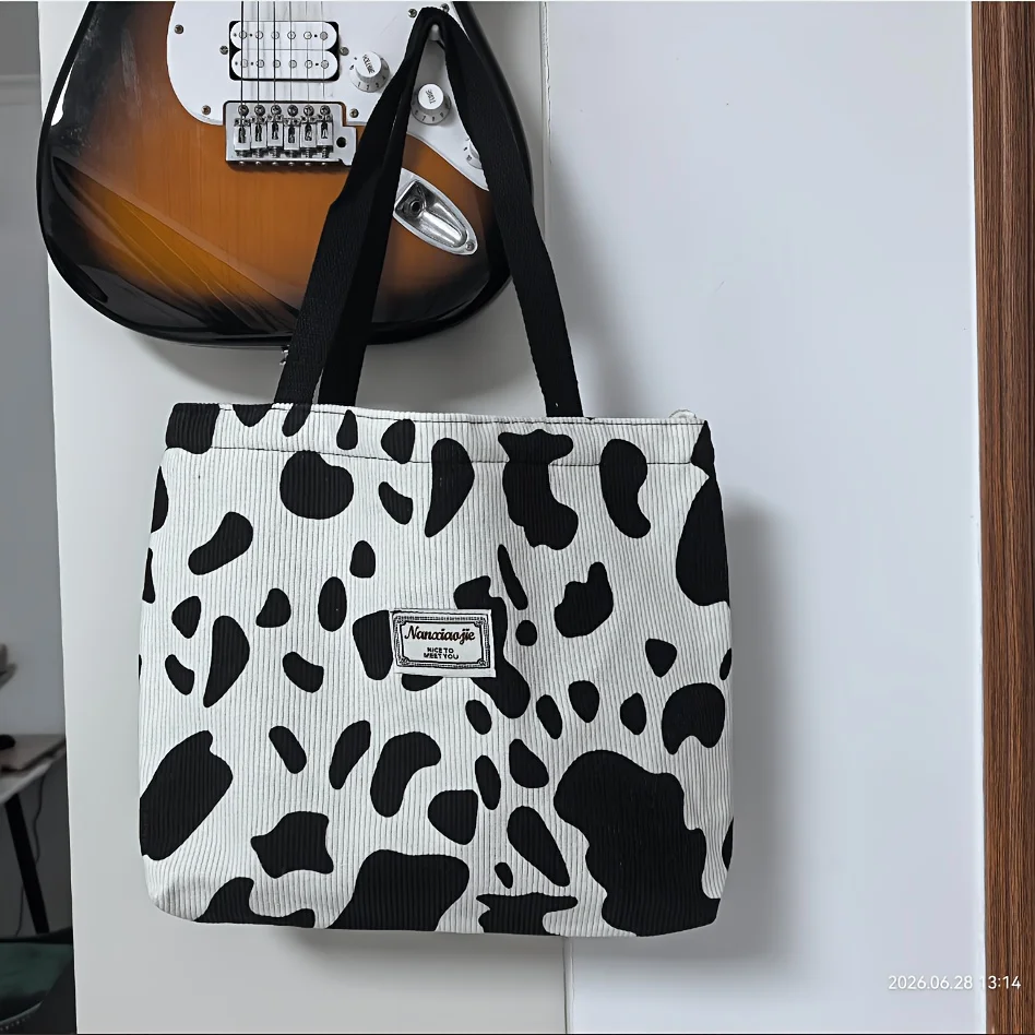 Women Cow Print Corduroy Tote Bag Large Capacity Shoulder Handbag Retro Leopard Pattern Shopping  Casual Daily Bag