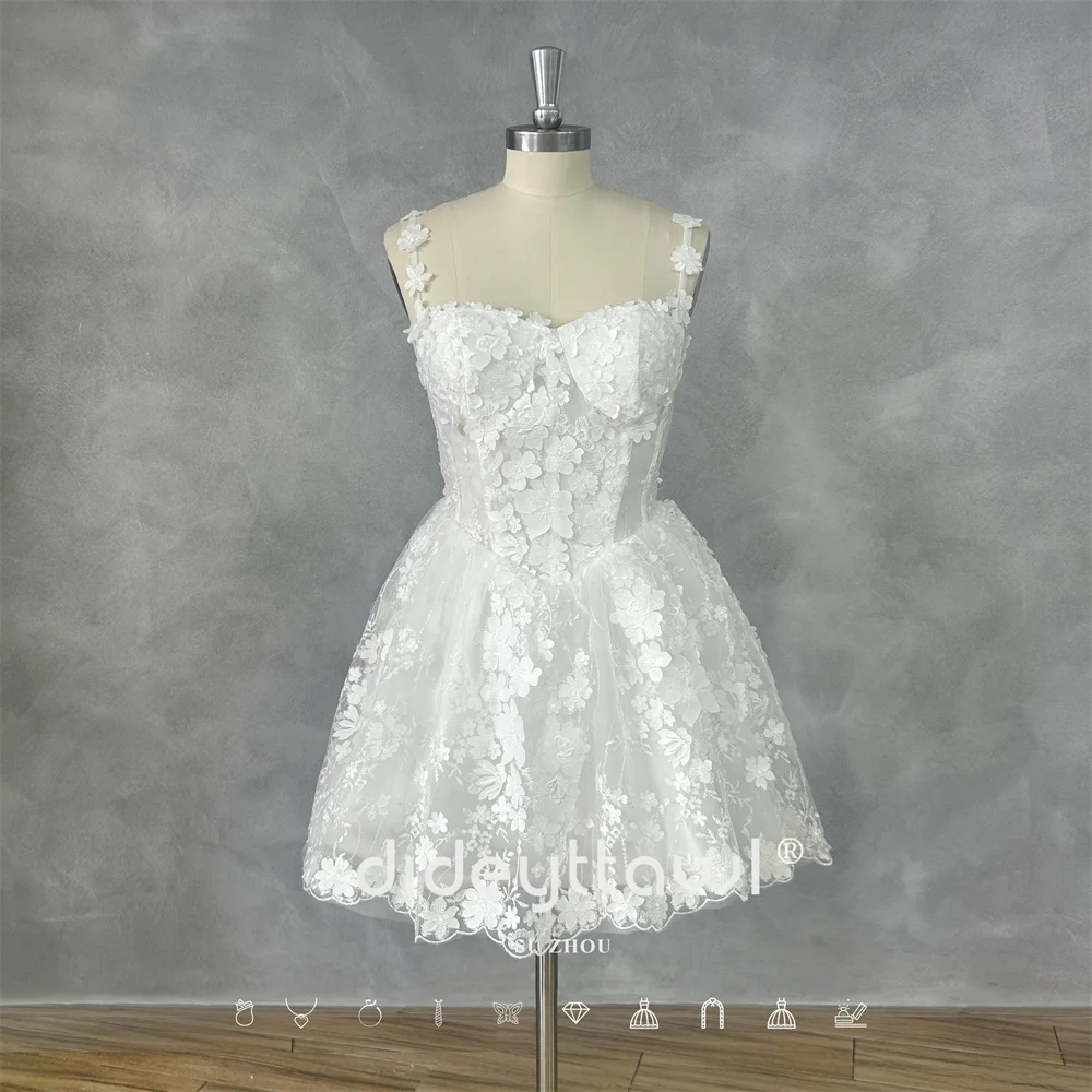

DIDEYTTAWL Customized Real Photos Spaghetti Strap 3D Floral Appliques Lace Tulle Short Length Lace Up Back Bridal Party Dress