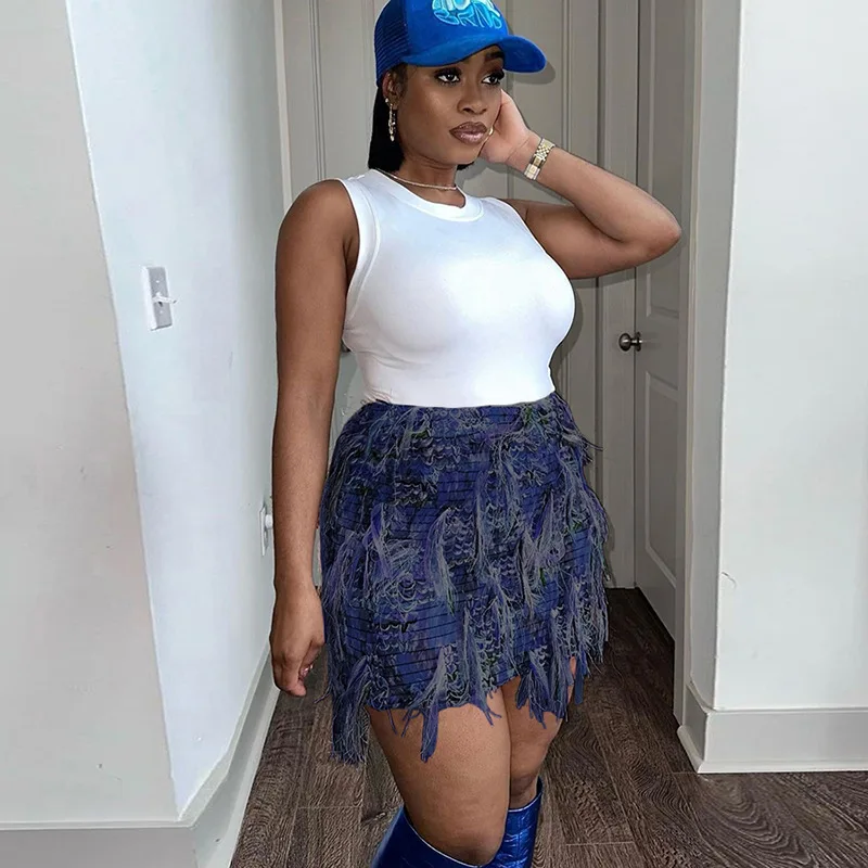 Y2k 奇妙な猫のようなカラフルなタッセルスカート、ピーチヒップ、女性用薄手ニット、ワイルドでセクシーなミッドナイトサマーストレッチスキニーストリートウェアショートスカート