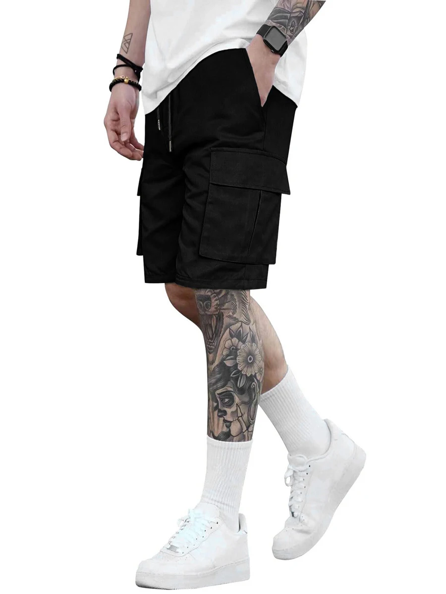 Men Loose Joggers Shorts Casual Solid Color Elastic Drawstring Cargo Shorts with Pockets for Summer Streetwear