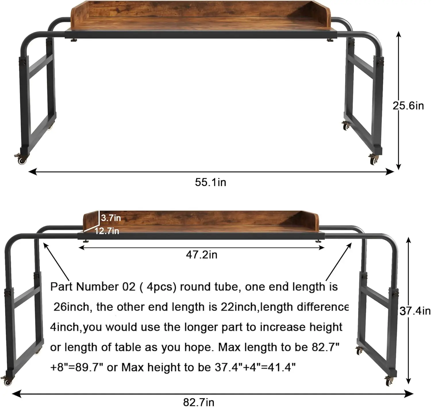 

Overbed Table with Wheels, Modern Style, Brown, 55.1-82.7x25.6x18.1 inches, 350lbs Weight Capacity