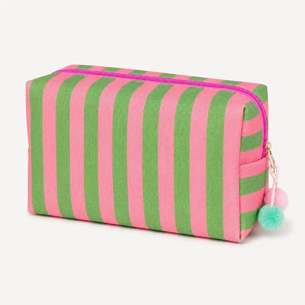 Large Capacity Cosmetic Storage Bag Canvas Zipper Closure Makeup Organizer Case Washable Waterproof Stripe Makeup Pouch