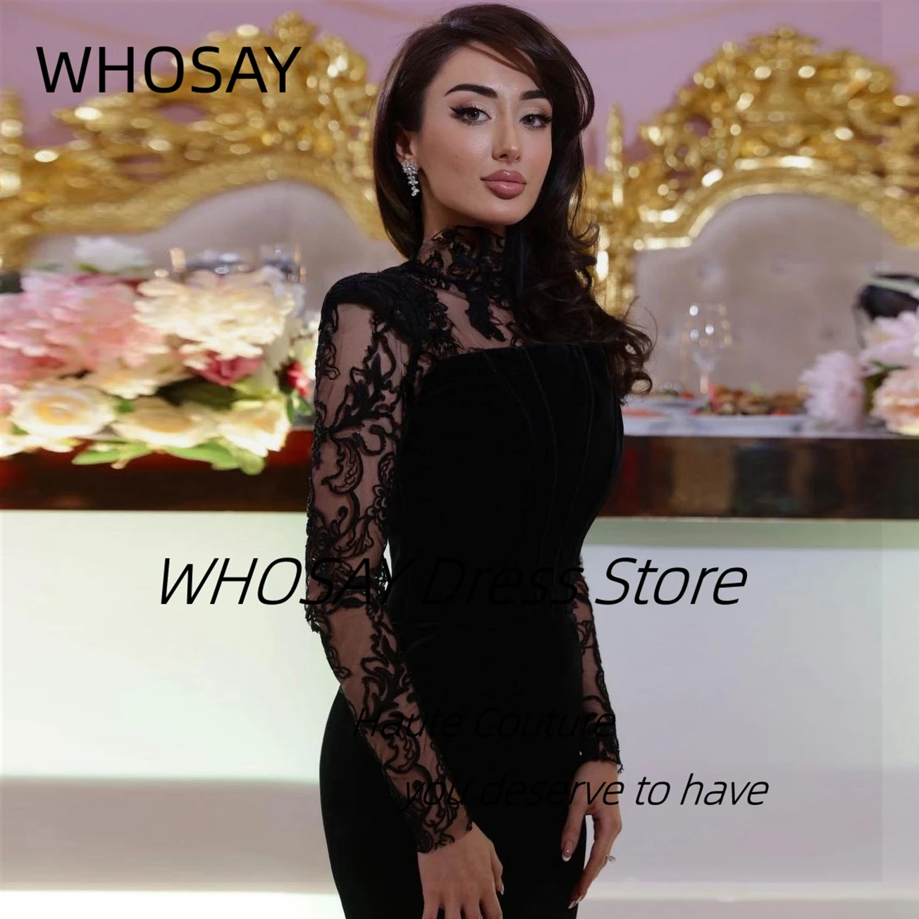 WHOSAY Special Occasion Girls Wear High Collar Black Prom Dresses Lace Long Sleeves Evening Gown Side Split Birthday Party Dress