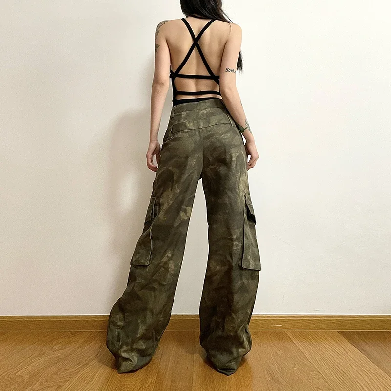 American Camouflage Cargo Pants Women Summer High Waist Loose Slim Straight Wide Leg Pants Streetwear Vintage Y2K Trousers