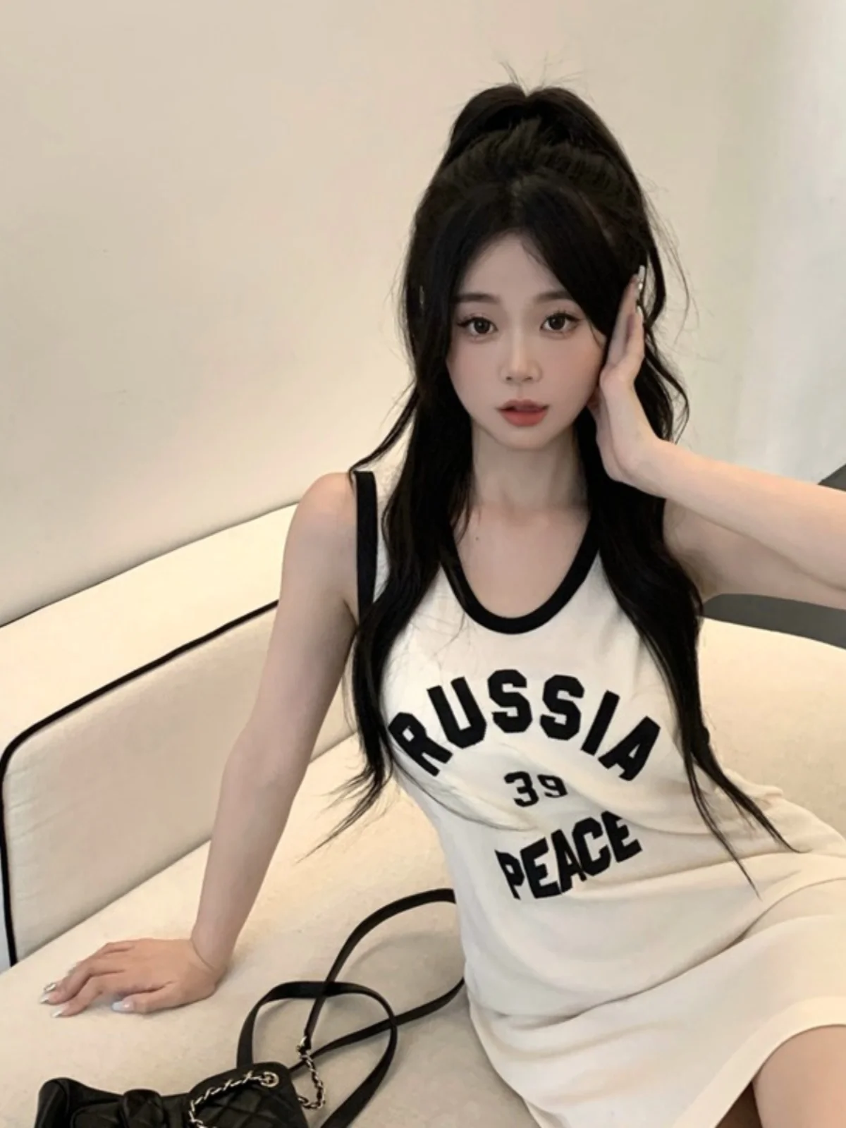 Loose Fit Shoulder Bared Sleeveless Vest Dress Summer New Style Fashion Design Letter Print Women's Top Medium Length Tunic