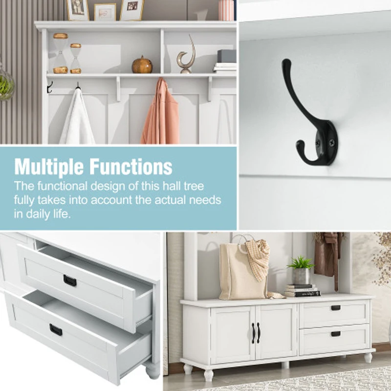 ON-TREND Modern Style Hall Tree with Storage Cabinet and 2 Large Drawers, Widen Mudroom Bench with 5 Coat Hooks, White