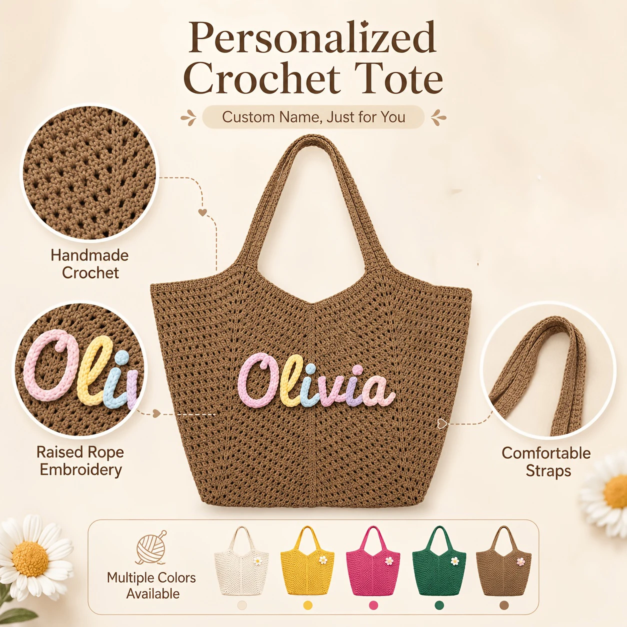Personalized Crochet Tote Bag Custom Embroidered Name Large Capacity Shoulder Bag Handmade Hollow Knit Beach Handbag Travel Bags